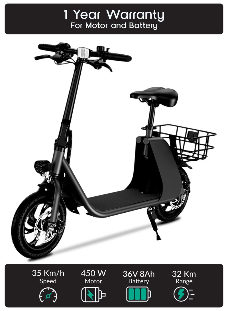 ويندهورس سكوتر ويندهورس C2 الكهربائي القابل للطي مع مقعد وسلة خلفية، محرك 450 واط، بطارية 36 فولت 8 أمبير، سرعة 25–35 كم/س، إطار كربوني متين، إطارات 12.5 بوصة، فرامل قرصية، سكوتر مريح للبالغين - Image 1